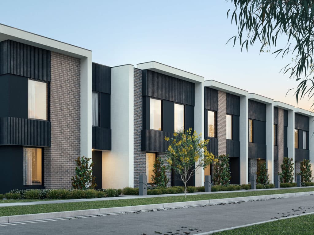 1724130205_original Modern row of townhouses with brick and dark paneling, surrounded by landscaped greenery. | Sky Rye Design Modern row of townhouses with brick and dark paneling, surrounded by landscaped greenery.