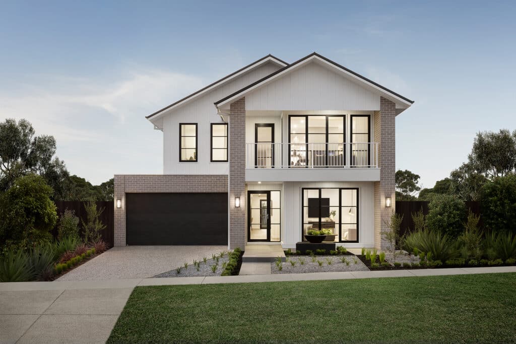 1724130458_original Modern two-story house with large windows, double garage, and landscaped front yard at dusk. | Sky Rye Design Modern two-story house with large windows, double garage, and landscaped front yard at dusk.