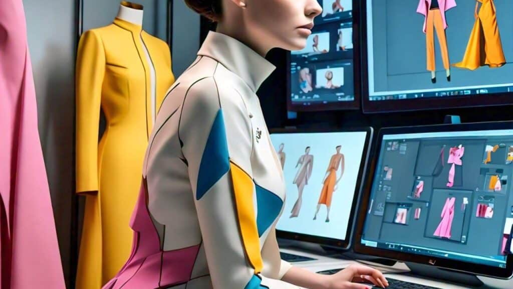 Fashion designer working on colorful digital sketches in a studio with mannequins and computer screens.
