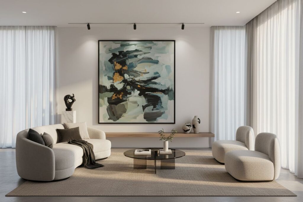 1760746358219_image_1760746358115 Modern living room with abstract art, sleek furniture, and natural light through sheer curtains. Minimalist design. | Sky Rye Design Modern living room with abstract art, sleek furniture, and natural light through sheer curtains. Minimalist design.