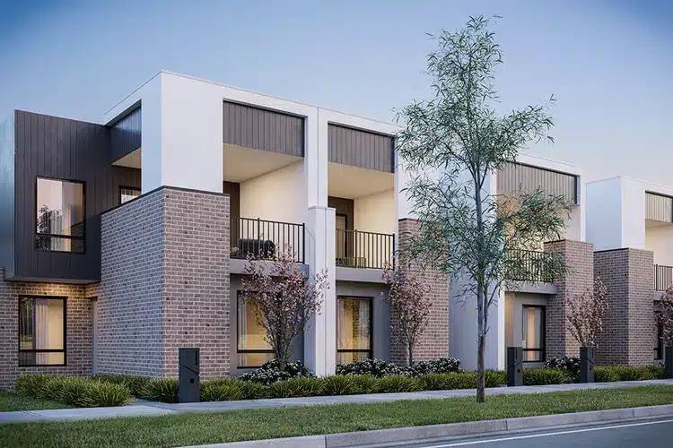 1760916096wuw320n7kz3f6x4gpvyrgeyhc8rthg Modern townhouses with brick facades and balconies, surrounded by trees and greenery, under a clear blue sky. | Sky Rye Design Modern townhouses with brick facades and balconies, surrounded by trees and greenery, under a clear blue sky.