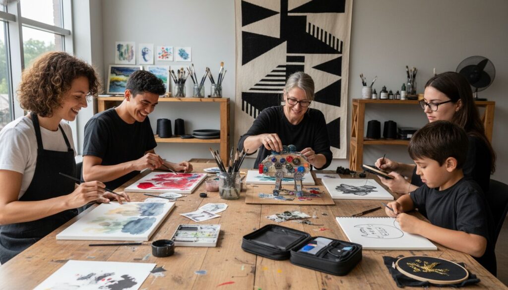 Family enjoying a creative painting session together at a wooden table in a well-lit art studio.