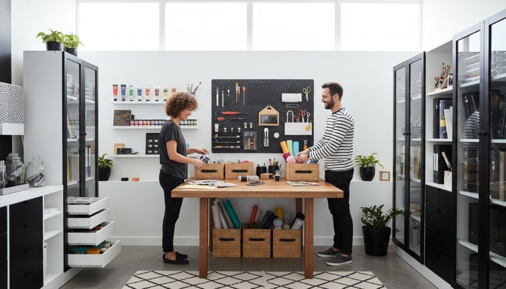 People organizing craft supplies in a well-lit, modern studio with shelves and storage solutions.