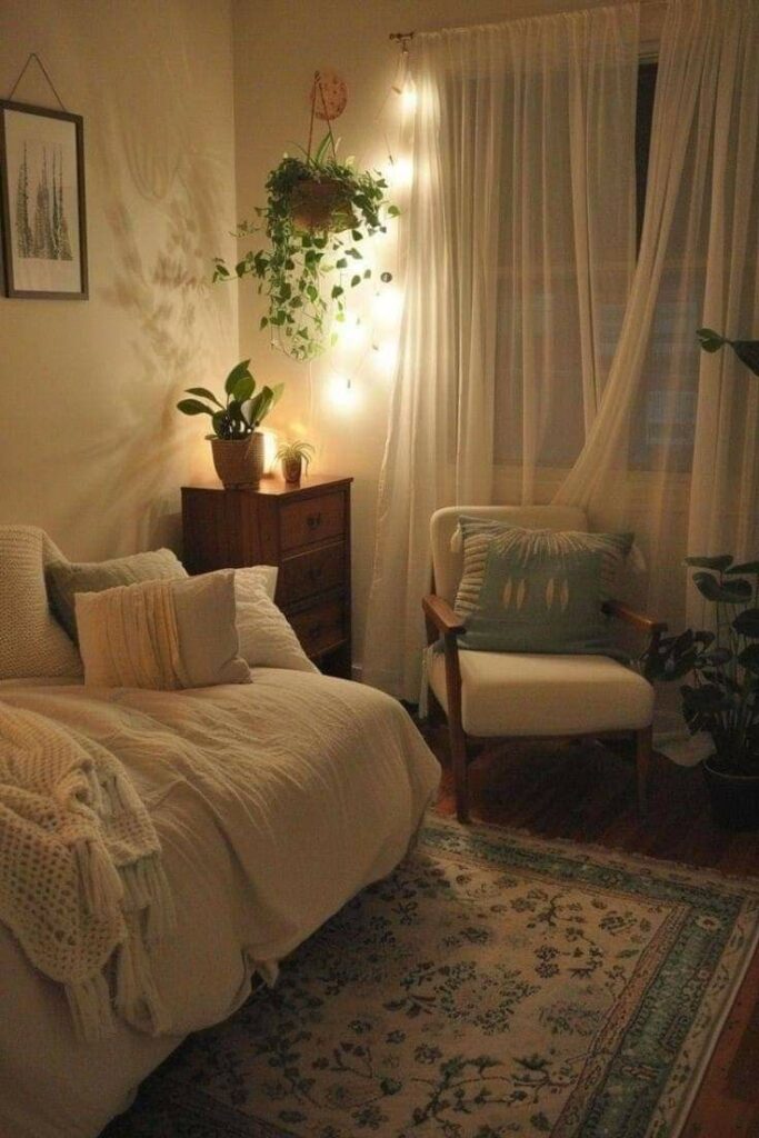 Cozy bedroom with warm lighting, plants, wooden furniture, and sheer curtains for a serene, inviting atmosphere.