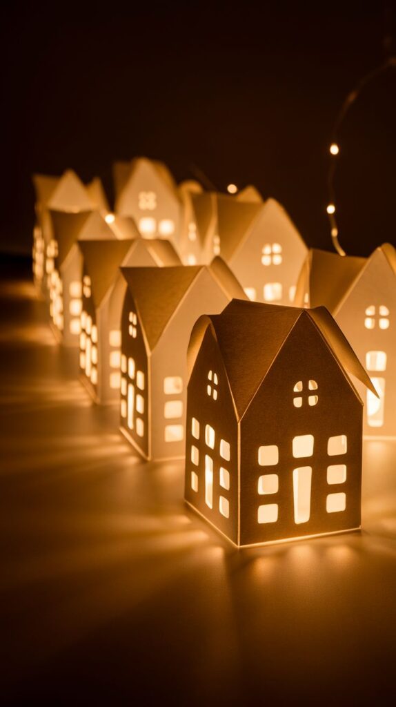 1775de3c175356ccd64e0dc9542a82de Glowing paper house lanterns illuminate a dark surface with warm light, creating a cozy, festive atmosphere. | Sky Rye Design Glowing paper house lanterns illuminate a dark surface with warm light, creating a cozy, festive atmosphere.