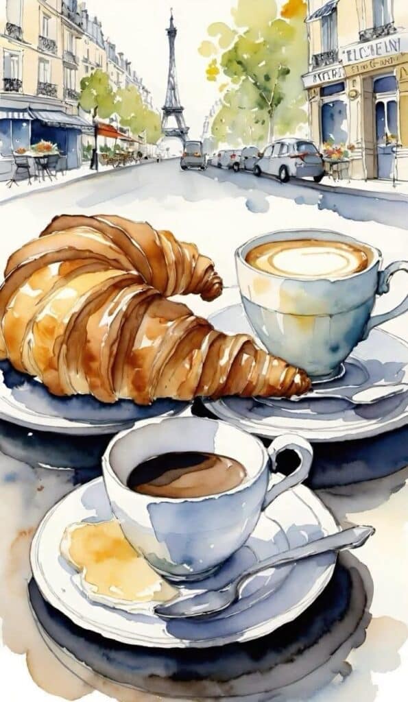 Croissant and coffee in a Parisian cafe with Eiffel Tower view, watercolor illustration.