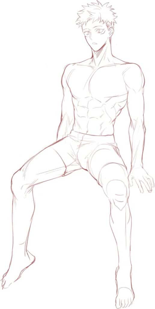 Sketch of a muscular anime character sitting, showing detailed anatomy and expression.