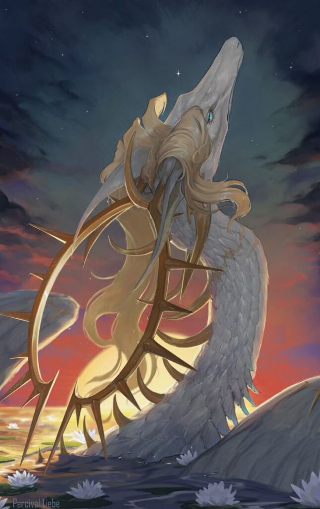 Fantasy serpent-like creature with metallic spines, rising from water at sunset, surrounded by lily pads.