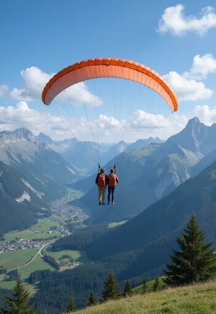 Two people paragliding over a lush valley with mountains and a bright blue sky.