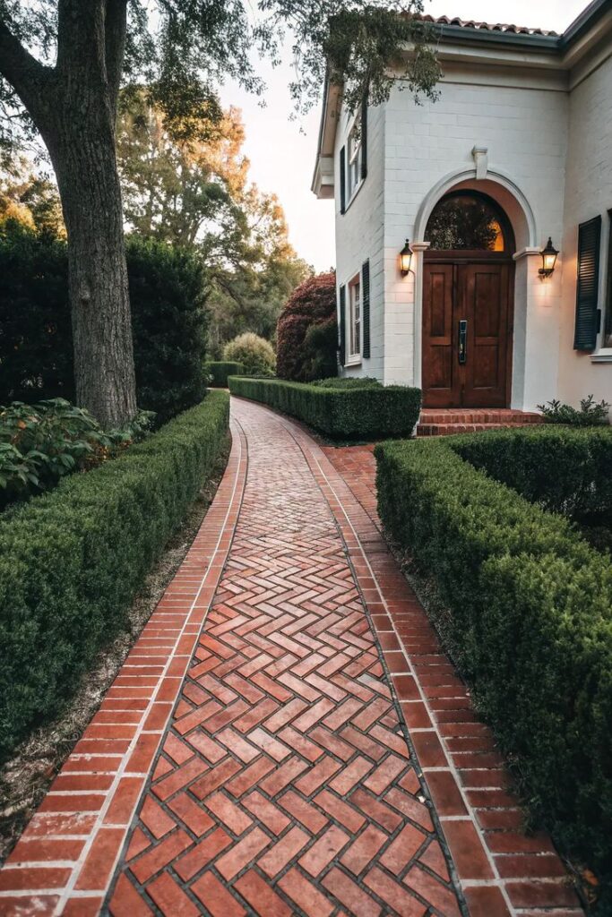 18+ Inspiring Red Brick Walkway Ideas for Your Home Red brick path leading to a white house entrance, surrounded by green hedges and trees. | Sky Rye Design Red brick path leading to a white house entrance, surrounded by green hedges and trees.