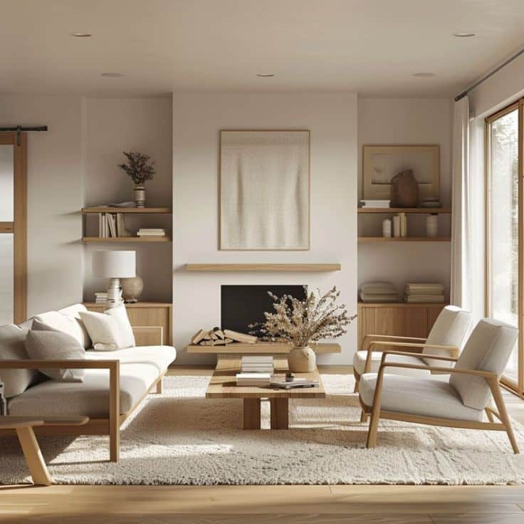 Modern living room with minimalist decor, light furniture, and large window providing natural light.