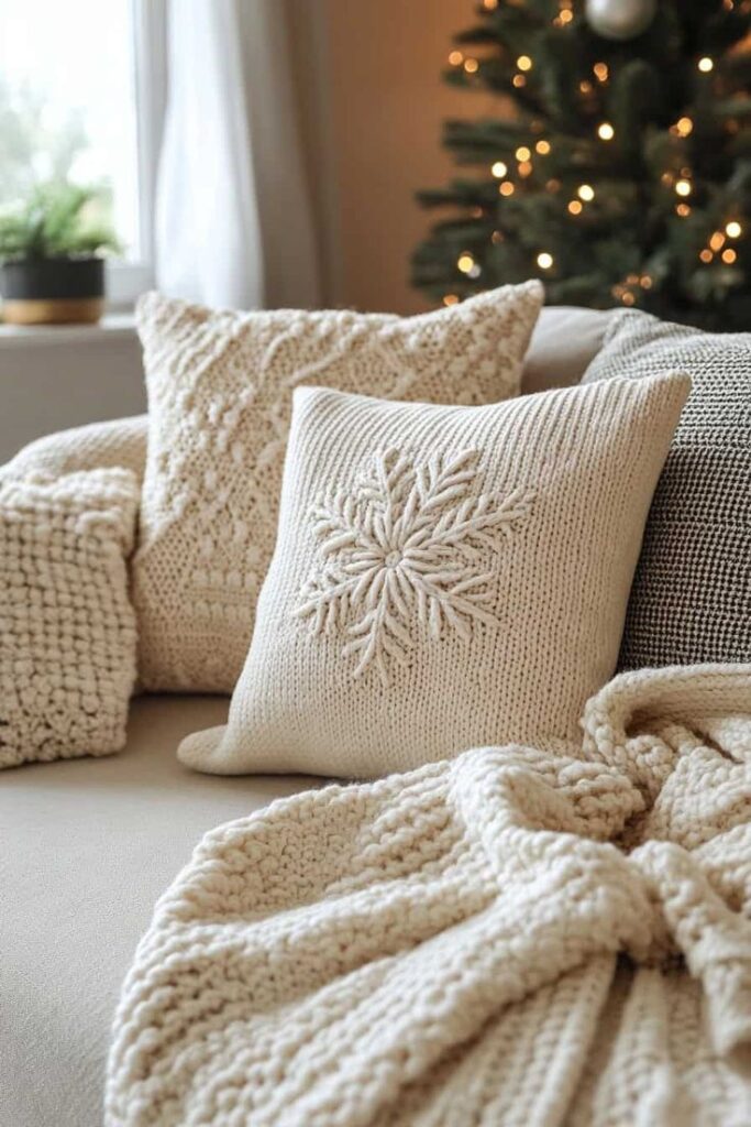 Cozy living room with knitted pillows and blankets, festive decor, and a softly lit Christmas tree in the background.
