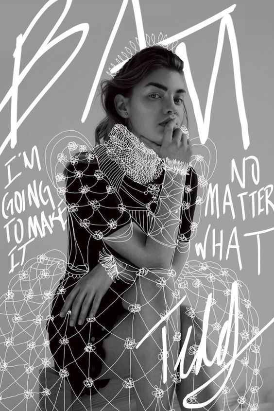 Stylish woman in artistic outfit with motivational graffiti overlay. Inspirational fashion art.