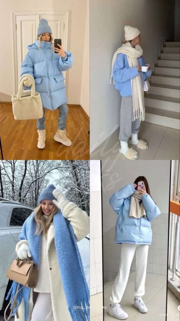 Four stylish winter outfits with blue coats, cozy scarves, beanies, and winter boots. Perfect for chilly weather fashion.