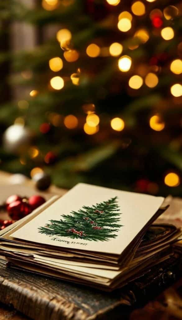 _ 19 Vintage Christmas card with tree design, surrounded by festive lights and ornaments. Festive holiday ambiance. | Sky Rye Design Vintage Christmas card with tree design, surrounded by festive lights and ornaments. Festive holiday ambiance.