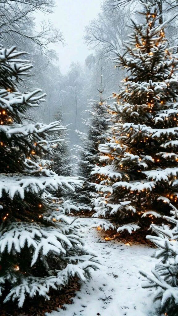 _ 19 Snow-covered Christmas trees with lights in a winter forest, creating a festive and serene landscape. | Sky Rye Design Snow-covered Christmas trees with lights in a winter forest, creating a festive and serene landscape.