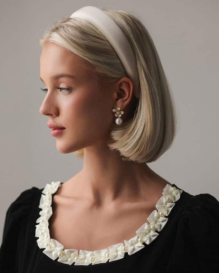 Profile of a woman with pearl earrings and a floral neckline, wearing a black dress and cream headband.