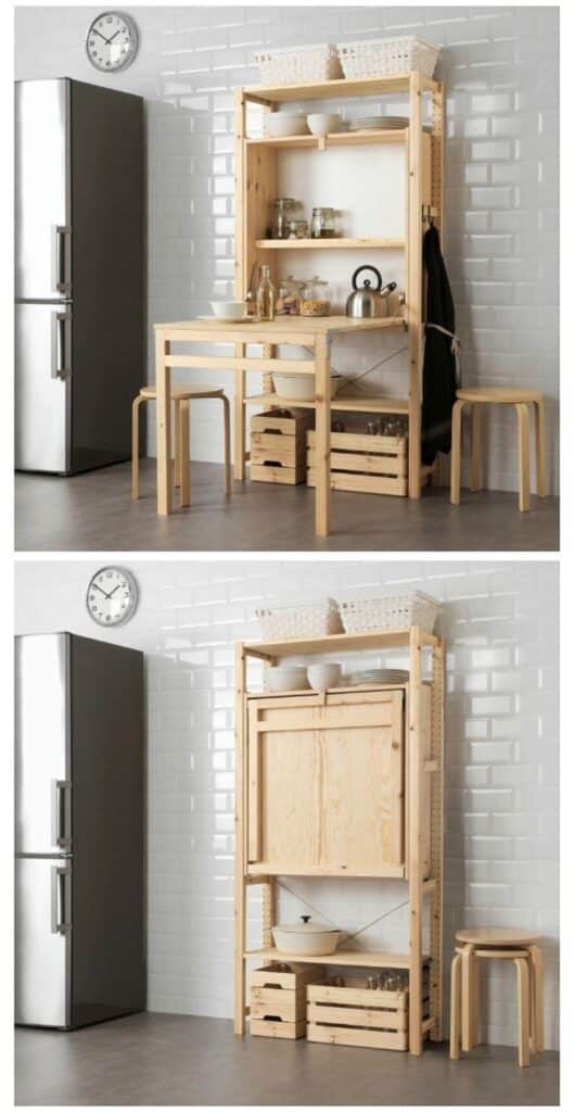 Compact wooden kitchen shelving with table, stools, and storage crates, ideal for small spaces or minimalist design.