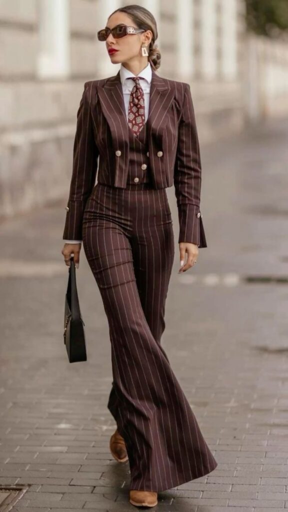 _ 19 Stylish woman in pinstripe suit with sunglasses and tie, walking confidently on city sidewalk, holding a black handbag. | Sky Rye Design Stylish woman in pinstripe suit with sunglasses and tie, walking confidently on city sidewalk, holding a black handbag.