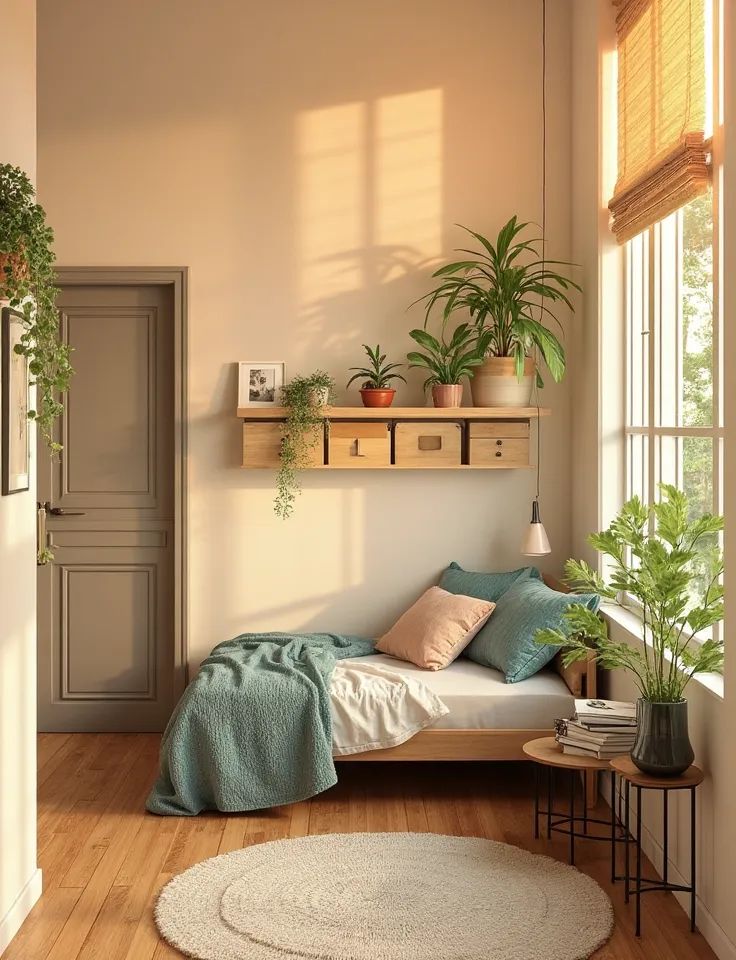 Cozy bedroom with sunlight, green plants, wooden shelves, and a neatly made bed with teal and beige pillows.