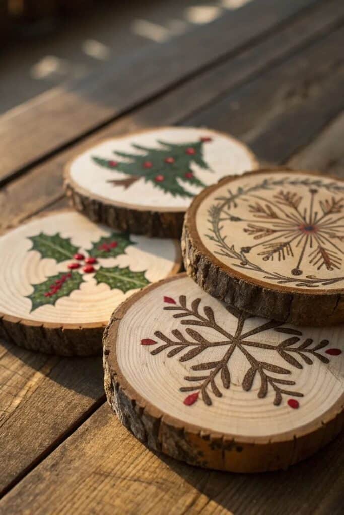 19+ Festive Christmas Woodworking Project Ideas - Little Makes Rustic wooden coasters with festive holiday designs of trees, holly, and snowflakes on a wooden table. | Sky Rye Design Rustic wooden coasters with festive holiday designs of trees, holly, and snowflakes on a wooden table.