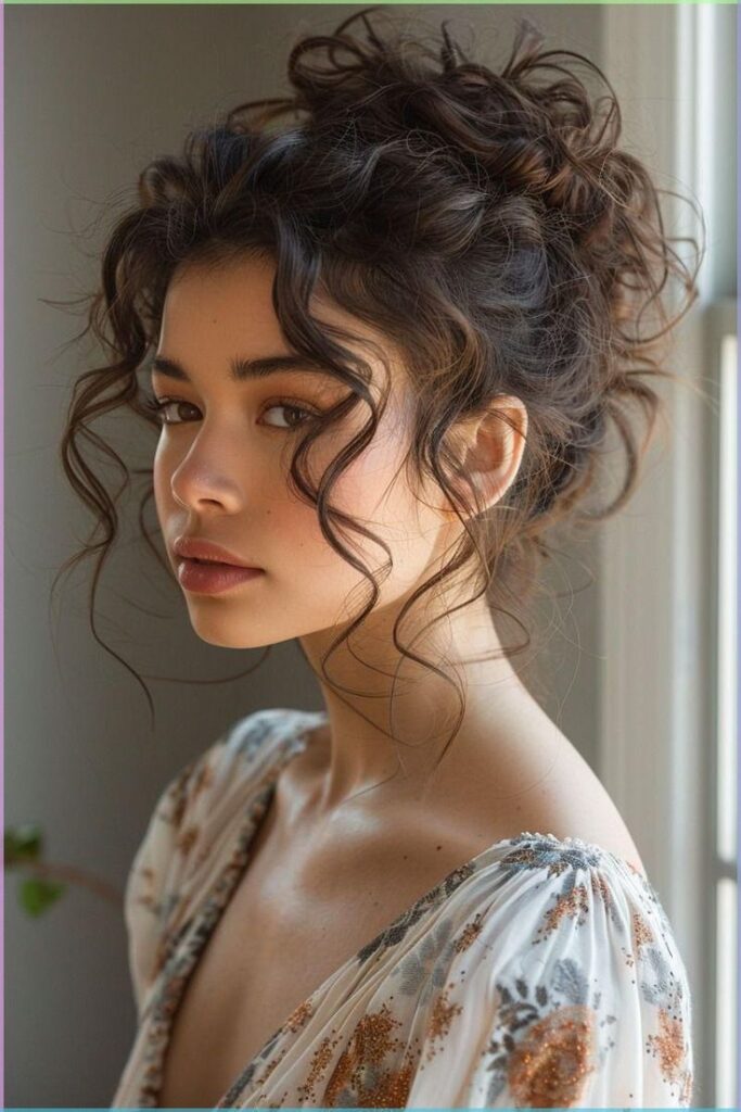 Young woman with curly updo hairstyle, wearing a floral dress, looking over shoulder in soft natural light.