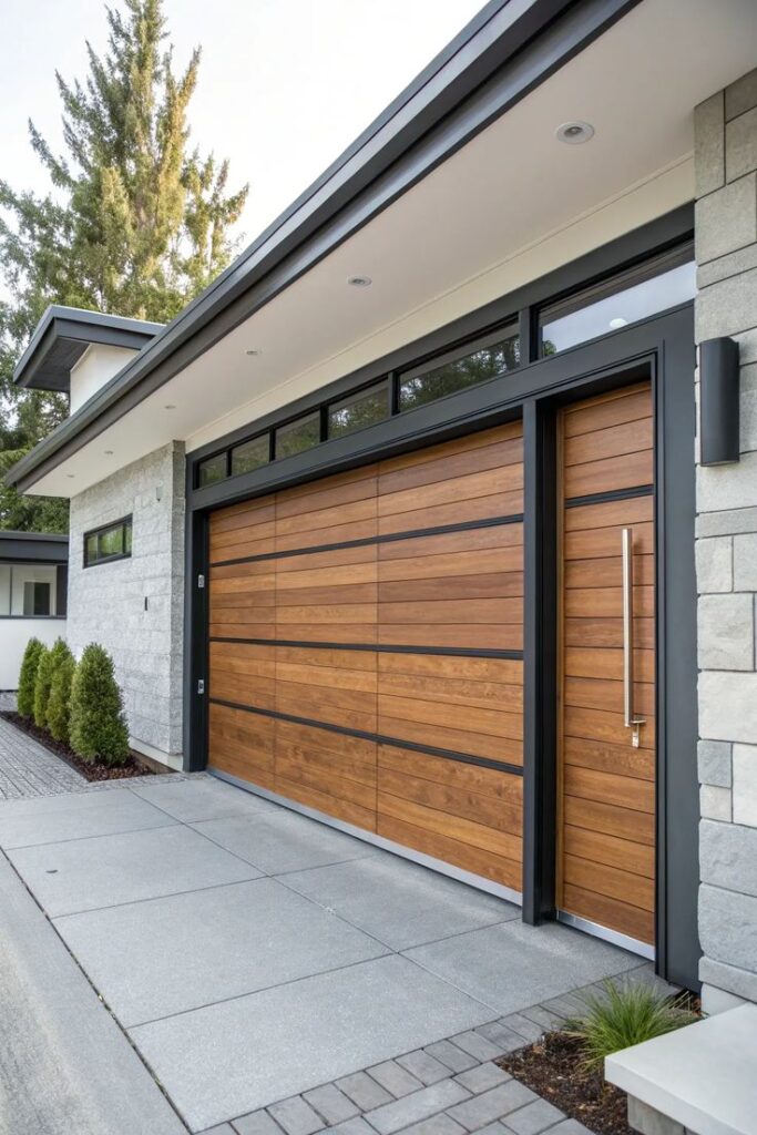 Modern home exterior with sleek wooden garage door and large windows.