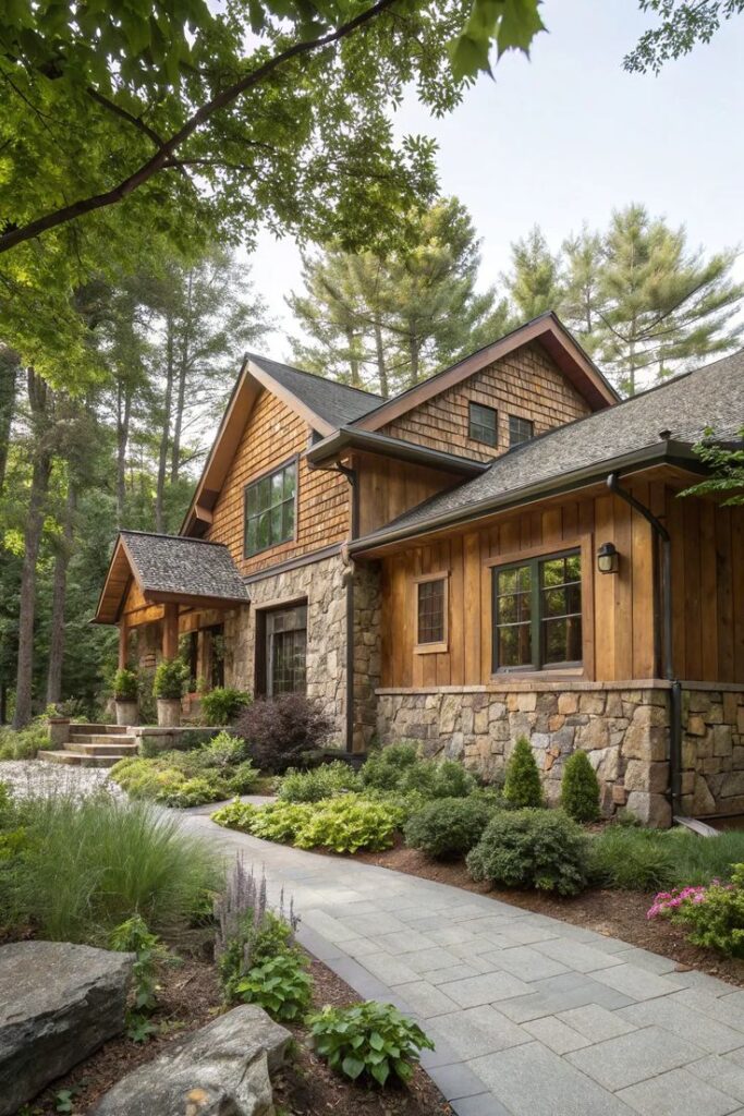 Rustic wooden house with stone accents surrounded by lush greenery and trees.