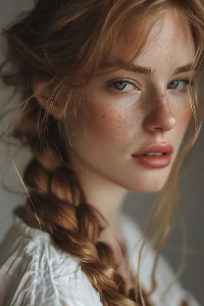 Portrait of a person with red hair in a braid, wearing a white shirt, showcasing a serene expression.