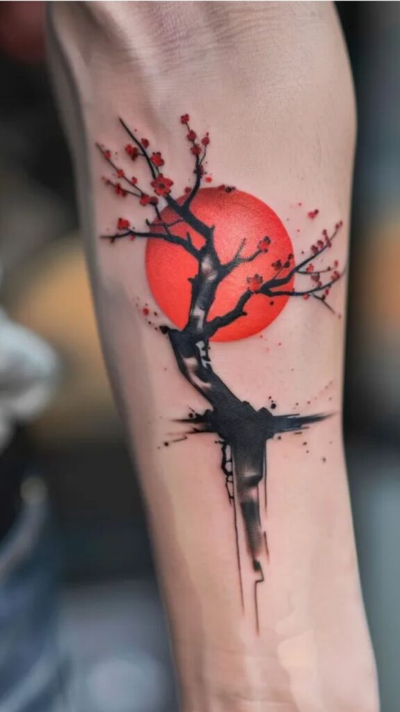 19+ Striking Japanese Tattoo Designs with Traditional Elegance Tattoo of a cherry blossom tree with red sun on forearm, blending black and red ink for a striking effect. | Sky Rye Design Tattoo of a cherry blossom tree with red sun on forearm, blending black and red ink for a striking effect.