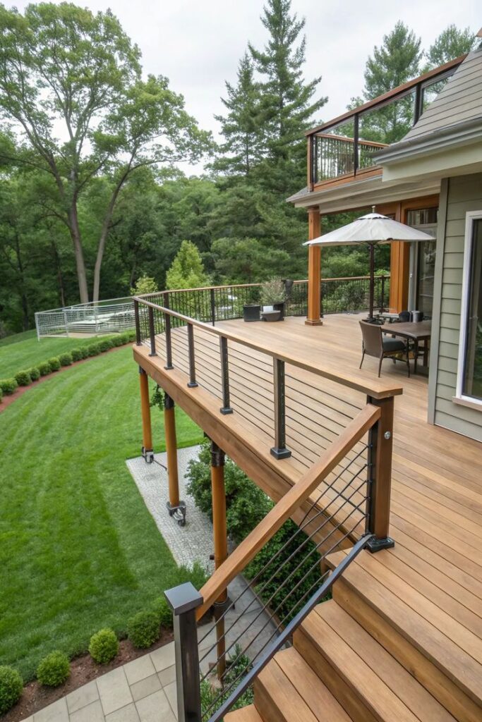 Spacious wooden deck with outdoor furniture and umbrella, overlooking a lush green backyard with trees.
