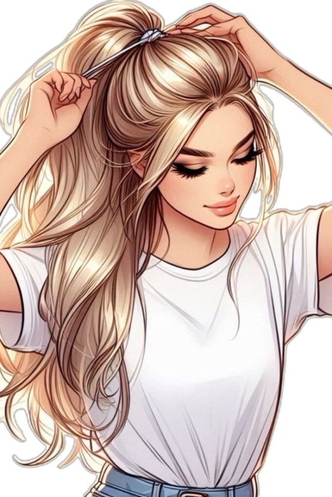 Anime-style illustration of a girl with long blonde hair, wearing a white shirt, adjusting her ponytail.