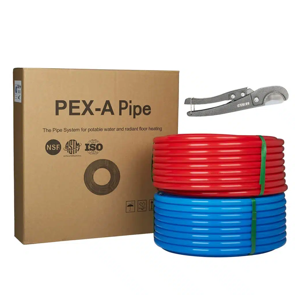 1_2inch_200FT_-05_e1a7f800-6403-409d-b0be-6f55c0a23aae_1500x PEX-A pipe system with red and blue coils, packaging box, and pipe cutter for plumbing and radiant floor heating. | Sky Rye Design PEX-A pipe system with red and blue coils, packaging box, and pipe cutter for plumbing and radiant floor heating.