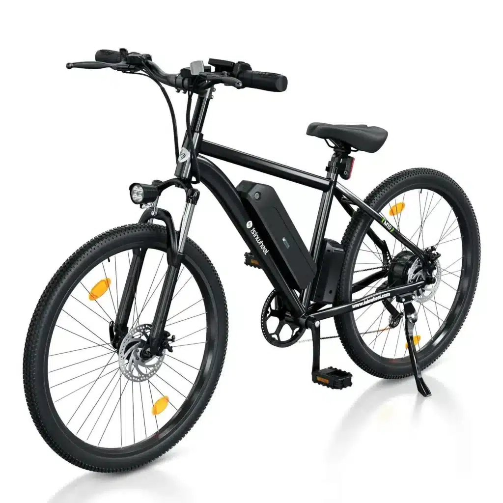 1_c762e499-bb8f-4c40-a4a7-7634123de542_5000x Electric mountain bike with black frame and battery pack, featuring disc brakes and sturdy tires for off-road trails. | Sky Rye Design Electric mountain bike with black frame and battery pack, featuring disc brakes and sturdy tires for off-road trails.