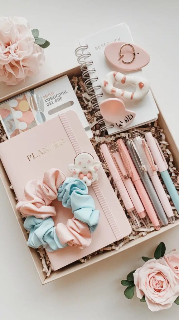 Pastel stationery set with planner, pens, scrunchies, and decor in a gift box, surrounded by pink roses.