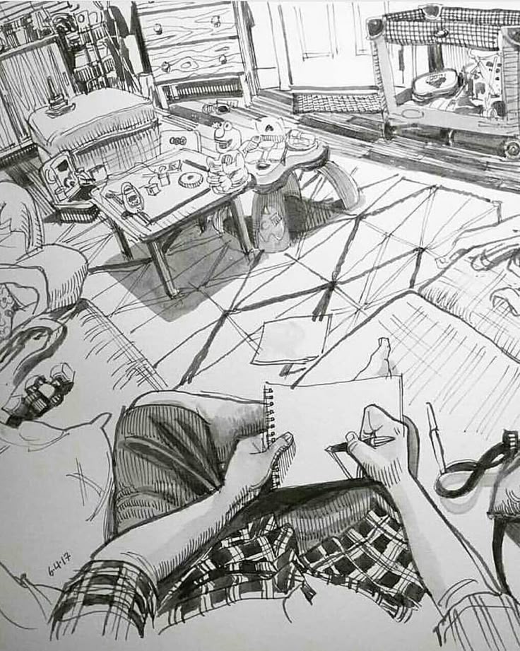 Person sketching in a cluttered living room, surrounded by furniture and scattered items, creating a cozy atmosphere.