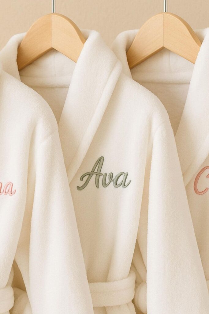 1aa8dfbbef03b094540779ea63a68392 Personalized white bathrobes hanging on wooden hangers, embroidered with green text Ava. Cozy and stylish homewear. | Sky Rye Design Personalized white bathrobes hanging on wooden hangers, embroidered with green text Ava. Cozy and stylish homewear.