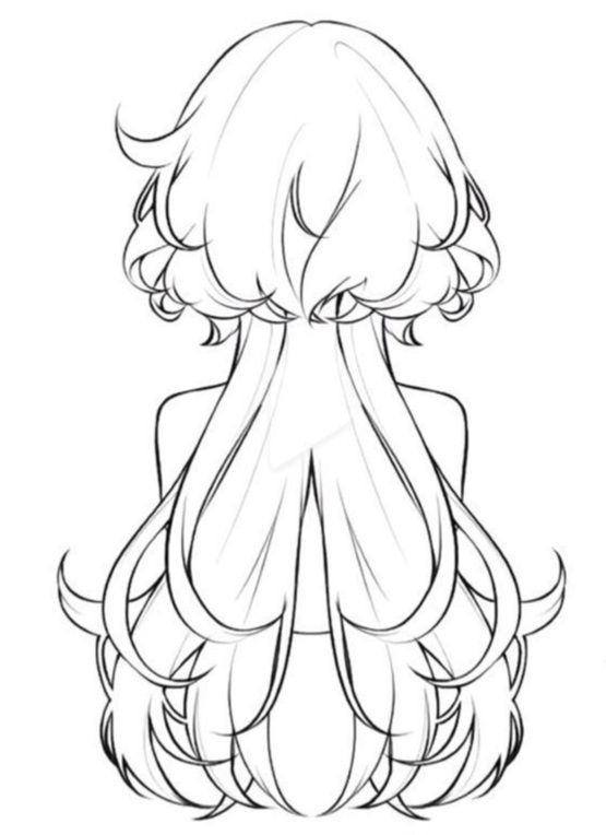 Line art of a long, layered hairstyle from the back, with wavy and flowing strands.
