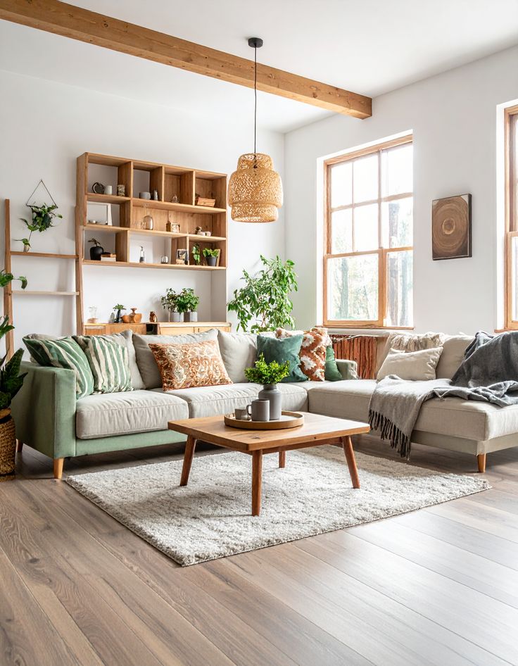 1c0104da87c49dc78bab10426bb33301 Modern living room with cozy sofas, plants, and wooden accents, featuring natural light and stylish decor. | Sky Rye Design Modern living room with cozy sofas, plants, and wooden accents, featuring natural light and stylish decor.