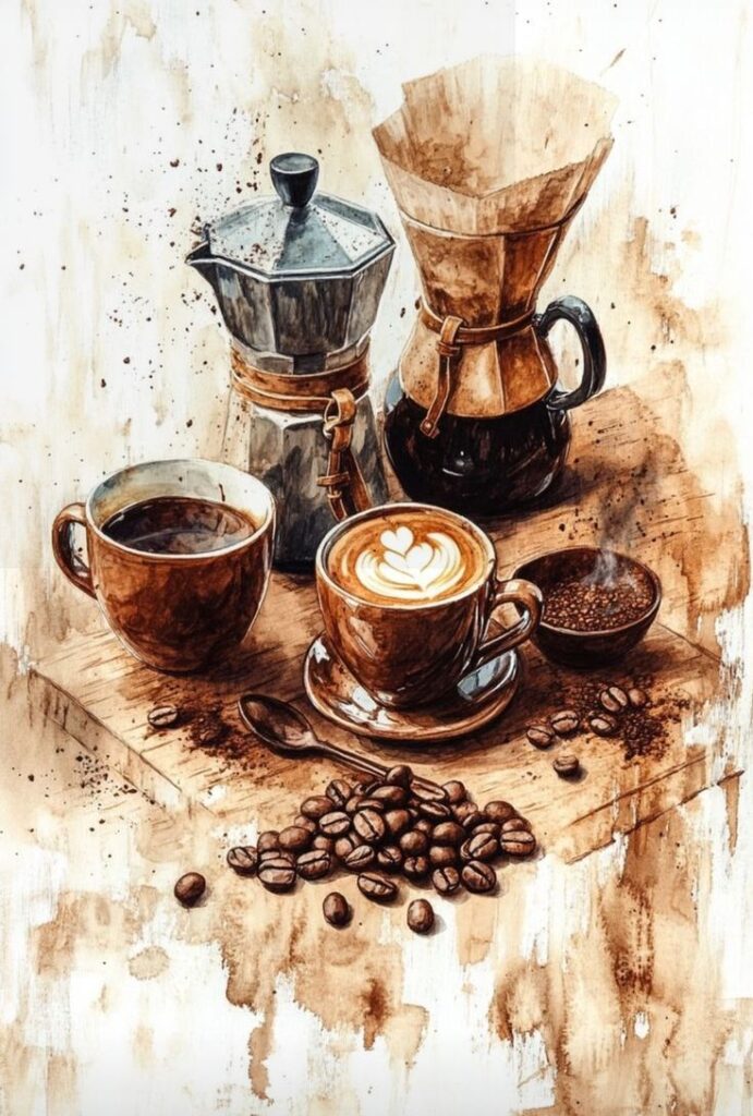 Coffee art setup with espresso, cappuccino, and pour-over on wooden board, surrounded by coffee beans.