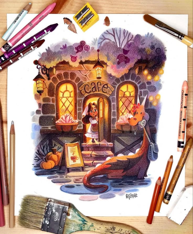 Whimsical café artwork with dragon and girl, surrounded by colorful pencils and a brush on a wooden table.