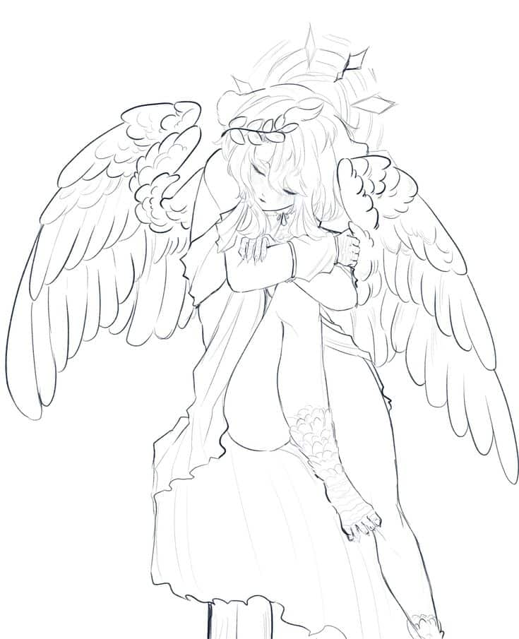 Line art of an angel with wings embracing a figure, conveying warmth and protection.