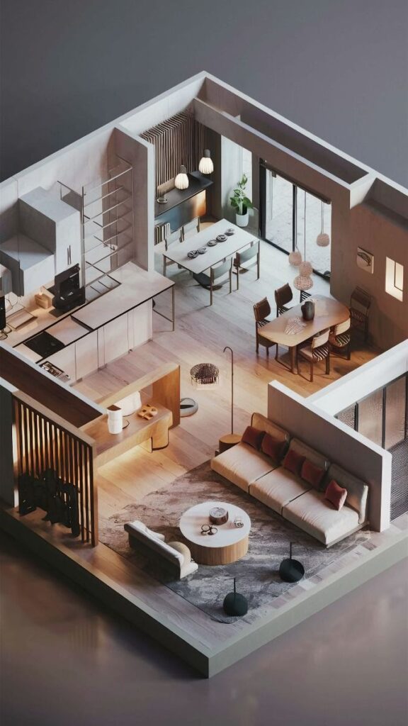 1dedc17a4c16a8cd486b202bc04b101d Modern open-plan living room with kitchen and dining area, featuring minimalist design and neutral tones. | Sky Rye Design Modern open-plan living room with kitchen and dining area, featuring minimalist design and neutral tones.