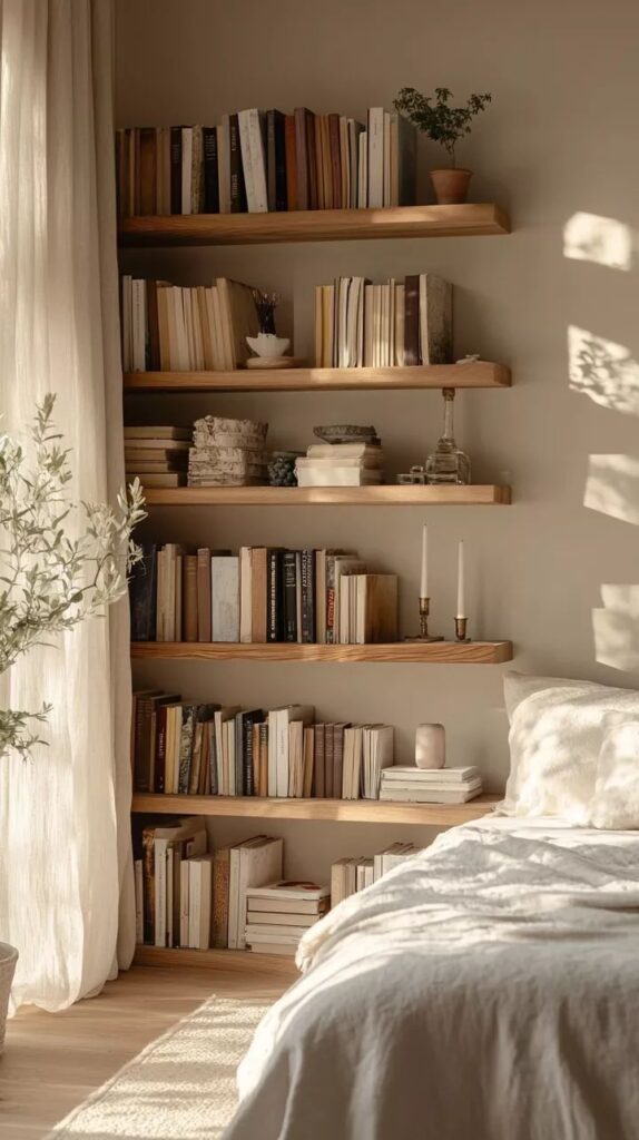 1e0aece67ca0ee4a166972c0102b48f7 Cozy bedroom with wooden bookshelves, potted plants, and soft natural light filtering through a window. | Sky Rye Design Cozy bedroom with wooden bookshelves, potted plants, and soft natural light filtering through a window.