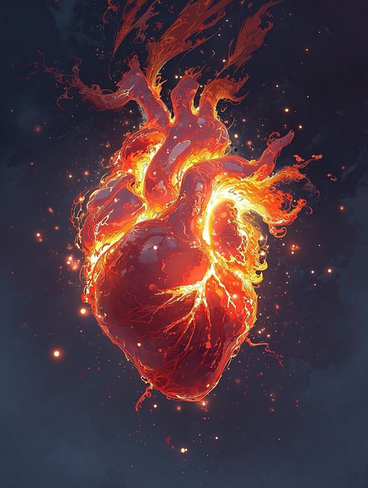 Fiery heart with vibrant flames against dark background, symbolizing passion and energy. Digital art illustration.