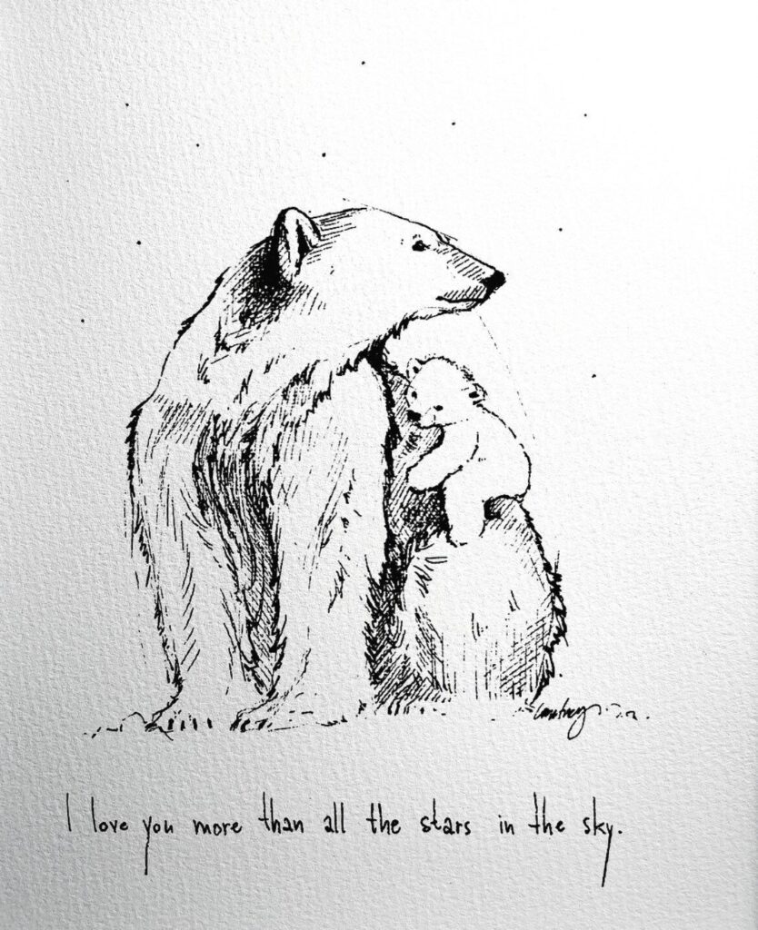 Illustration of a polar bear hugging a cub with the phrase I love you more than all the stars in the sky.
