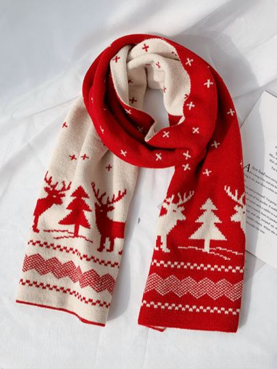 1pc Contrast Color Deer Christmas Tree Pattern Knit Warm Soft Comfortable Cute Cartoon Versatile Scarf Suitable For Women Autumn_Winter Or Christmas Reindeer Accessories Women Red and white scarf with reindeer and tree pattern, perfect for winter and Christmas celebrations. | Sky Rye Design Red and white scarf with reindeer and tree pattern, perfect for winter and Christmas celebrations.