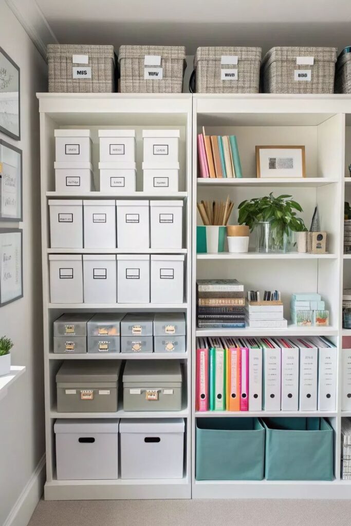Organized bookshelves with labeled storage boxes, books, and plants for a tidy home office or study space.