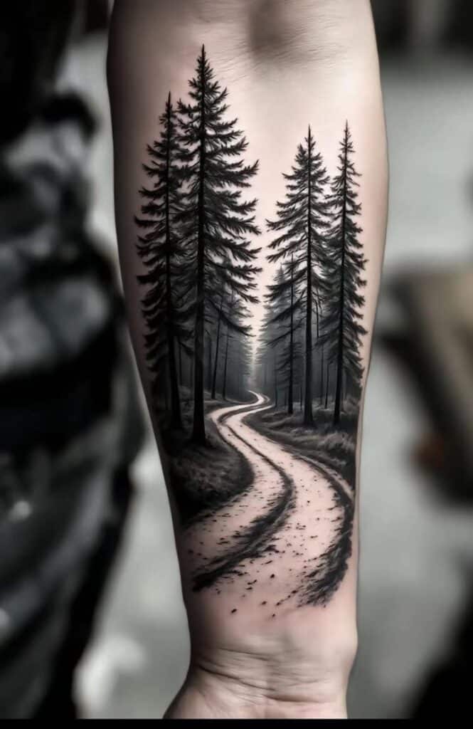 Forest tattoo with winding path and tall trees on a forearm. Black and grey ink design, nature-inspired art.