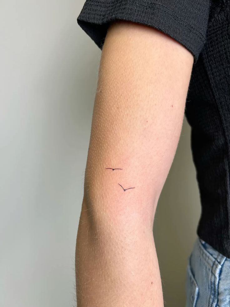 _ 2 Minimalist bird tattoos on forearm, simple black ink design on a person wearing a black shirt and jeans. | Sky Rye Design Minimalist bird tattoos on forearm, simple black ink design on a person wearing a black shirt and jeans.